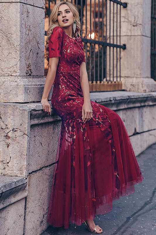 Aimishang Elegant Formal Dresses Applique Fitted Short Sleeve Dresses Gowns Evening Dresses