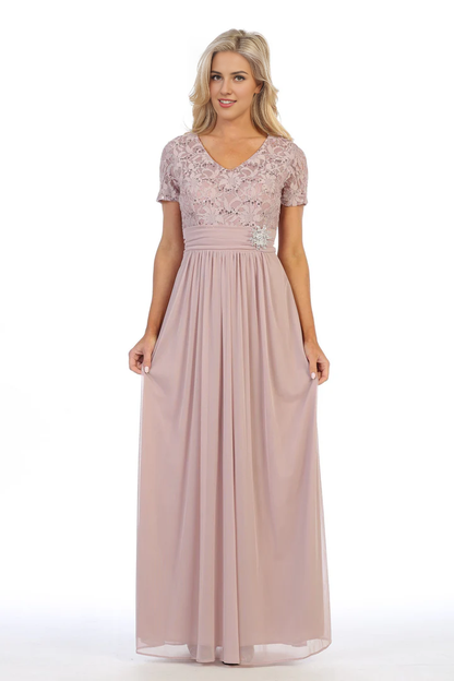 Aimishang Elegant Mother Of Bride Dresses Long Lace Bodice Dress with Short Sleeves Gowns Evening Dresses