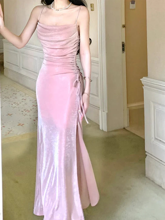 Aimishang Elegant Formal Women's Dresses Spaghetti Straps Pink Sparkling Long Prom Dress Formal Party Gown