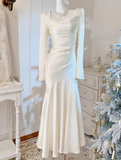 Aimishang Elegant Formal Dresses Gowns Evening Dresses Mermaid Ivory Long Prom Dress Long Sleeves Wedding Gown