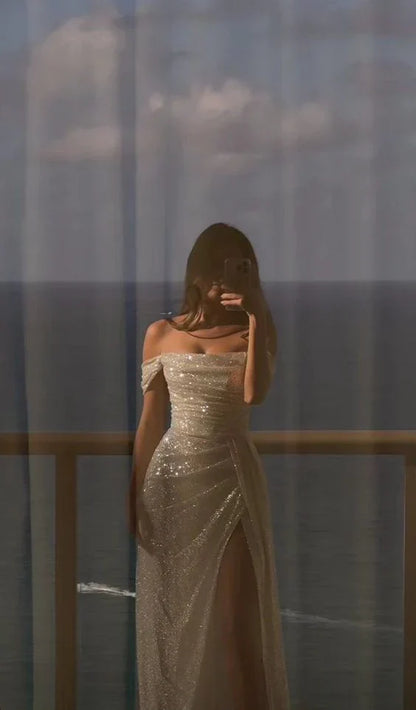 Aimishang Elegant Formal Dress Off Shoulder Sequin Long Evening Dresses Wedding Dresses