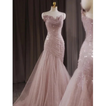 Aimishang Elegant Dresses Gowns Evening Dresses Pink Shiny Tulle Mermaid Prom Dress Fairy Formal Evening Dress