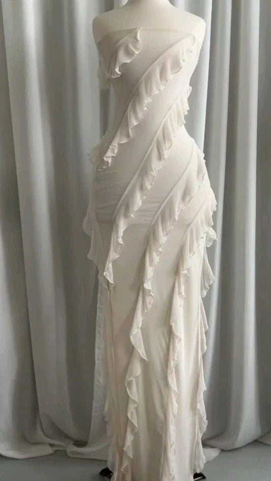 Aimishang Elegant Dresses Evening Wear Strapless Beige Long Prom Dress Ruffle Evening Party Dress