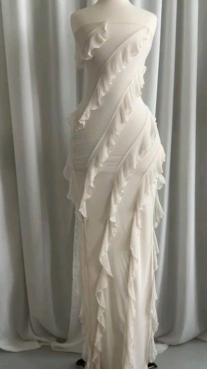Aimishang Elegant Dresses Evening Wear Strapless Beige Long Prom Dress Ruffle Evening Party Dress
