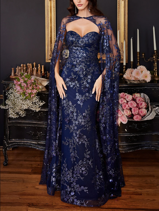 Aimishang Fashion Gowns Evening Dresses Glitter Fitted Strapless Cape Gown Formal Dresses