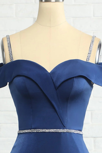 Beaded Mermaid Off Shoulder Navy Blue Bridesmaid Dress