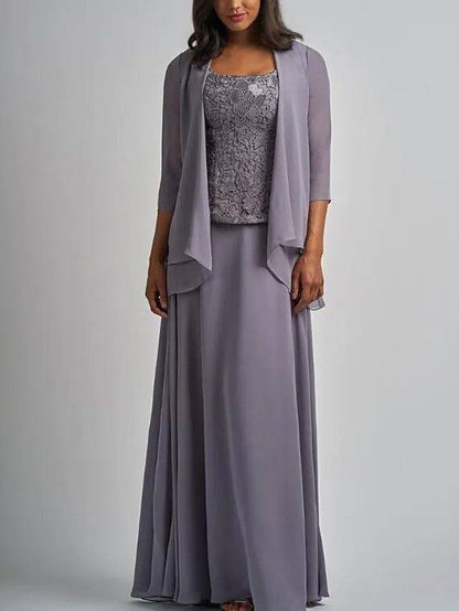 Two Piece A-Line Mother of the Bride Dress Elegant Wrap Included Square Neck Floor Length Chiffon Lace 3/4 Length Sleeve with Appliques - RongMoon
