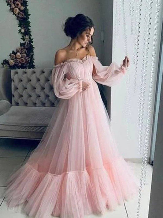 A-Line/Princess Tulle Applique Off-the-Shoulder Long Sleeves Floor-Length Dresses - RongMoon