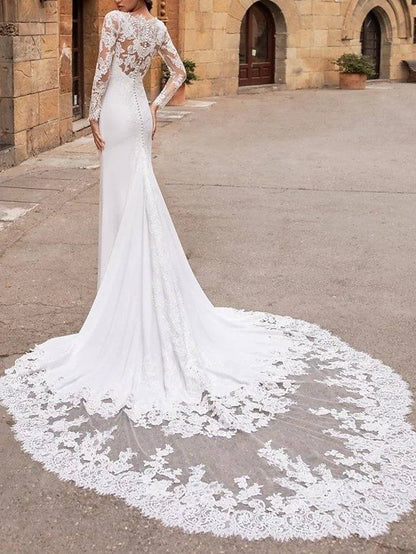 Mermaid / Trumpet Wedding Dresses V Neck Court Train Lace Stretch Satin Long Sleeve Plus Size Illusion Sleeve with Buttons - RongMoon