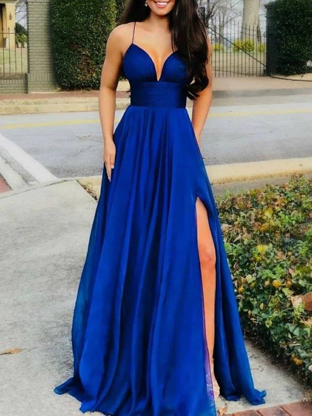 A-Line Sexy Prom Formal Evening Dress Spaghetti Strap Sleeveless Sweep / Brush Train Chiffon with Split - RongMoon