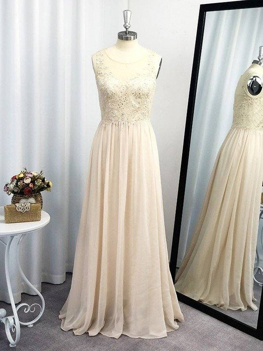 A-Line/Princess Scoop Applique Sleeveless Chiffon Floor-Length Dresses - RongMoon