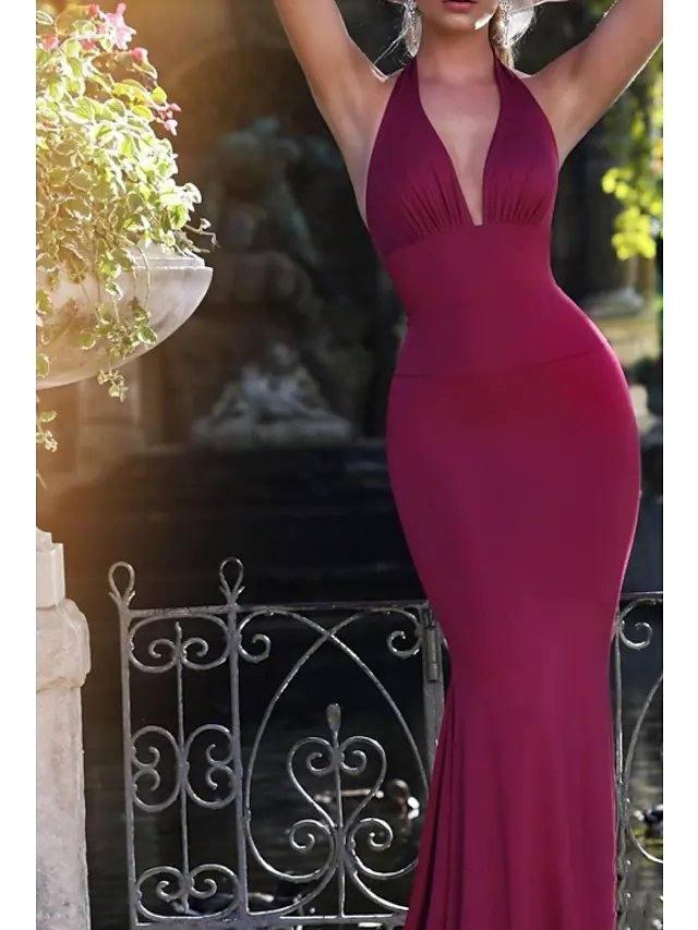 Mermaid / Trumpet Beautiful Back Sexy Wedding Guest Formal Evening Dress Halter Neck Sleeveless Sweep / Brush Train Spandex with Bow(s) - RongMoon