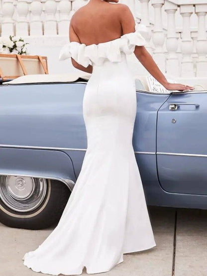 Mermaid / Trumpet Minimalist Sexy Engagement Prom Dress Off Shoulder Sleeveless Sweep / Brush Train Stretch Satin with Ruffles Split - RongMoon