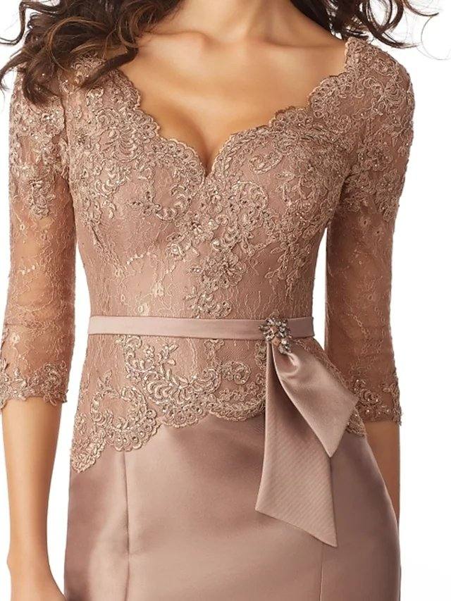 Mermaid / Trumpet Mother of the Bride Dress Elegant V Neck Sweep / Brush Train Lace Satin 3/4 Length Sleeve with Sash / Ribbon Bow(s) - RongMoon