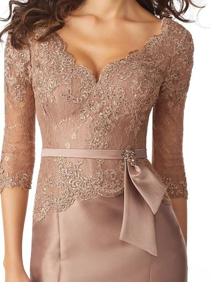 Mermaid / Trumpet Mother of the Bride Dress Elegant V Neck Sweep / Brush Train Lace Satin 3/4 Length Sleeve with Sash / Ribbon Bow(s) - RongMoon