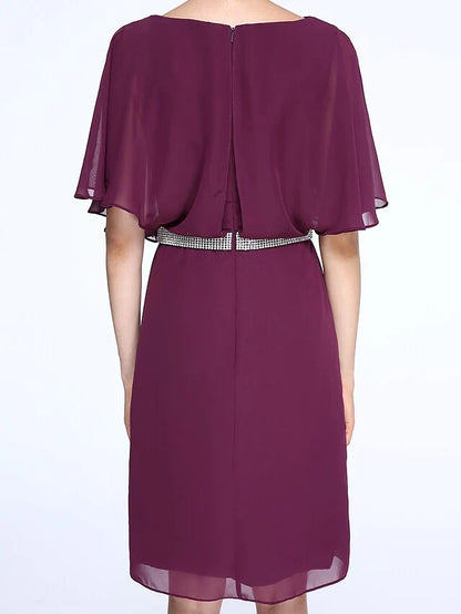 Mother of the Bride Dress Elegant Bateau Neck Knee Length Chiffon Half Sleeve with Crystals