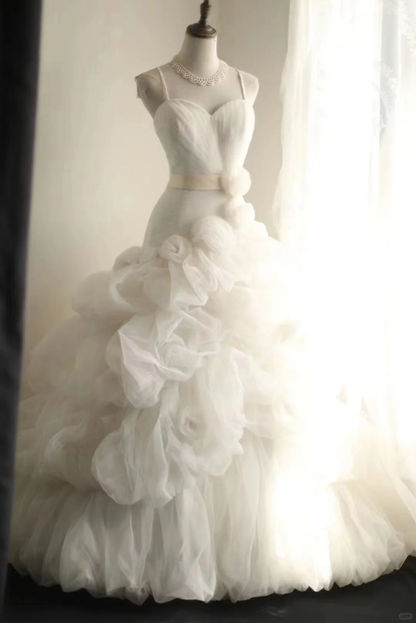 Classy Spaghetti Straps Tulle Ruched White A Line Long Wedding Dress  cc3189