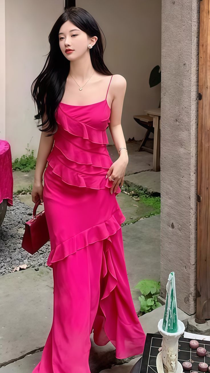 Pretty Hot Pink Ruffles Long Party Dress Chiffon Slit Prom Evenign Dress cc2235