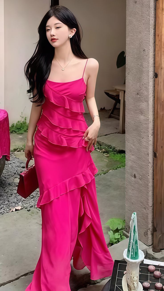 Pretty Hot Pink Ruffles Long Party Dress Chiffon Slit Prom Evenign Dress cc2235