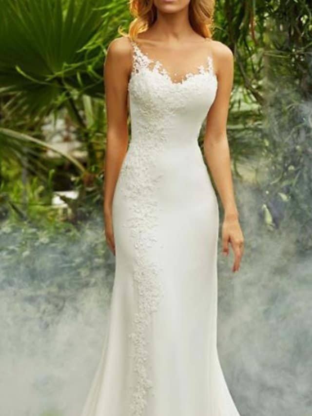 Mermaid / Trumpet Wedding Dresses V Neck Sweep / Brush Train Chiffon Spaghetti Strap Mordern Backless with Lace Insert - RongMoon