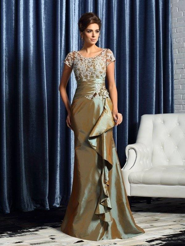 Trumpet/Mermaid Scoop Beading Short Sleeves Applique Long Taffeta Mother of the Bride Dresses - RongMoon