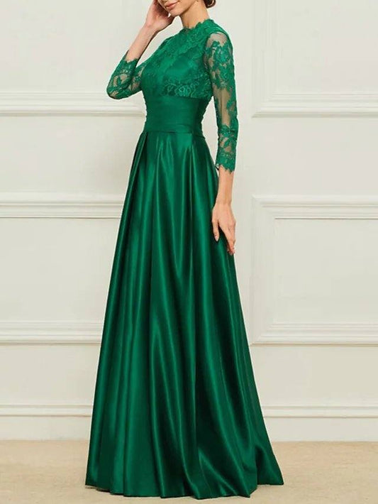Sheath / Column Mother of the Bride Dress Elegant High Neck Floor Length Lace Satin 3/4 Length Sleeve with Sash / Ribbon Appliques - RongMoon
