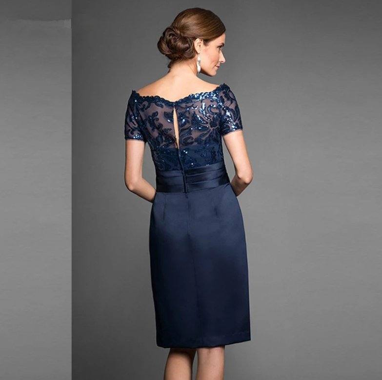 Navy Blue Mother Of The Bride Dresses Sheath Knee Length Sequins Plus Size Wedding Party Dress Mother Dress For Wedding - RongMoon