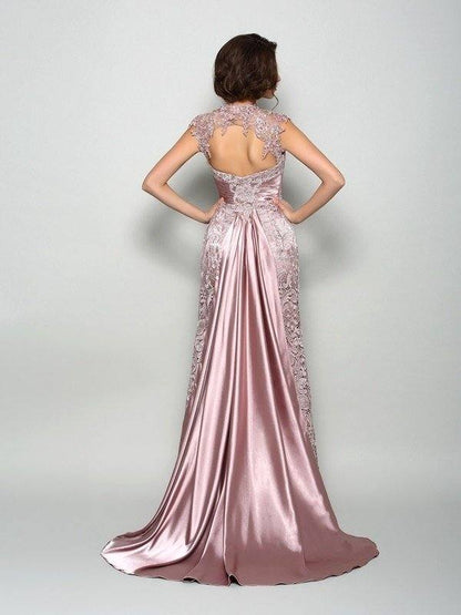 A-Line/Princess High Neck Sleeveless Long Elastic Woven Satin Mother of the Bride Dresses - RongMoon