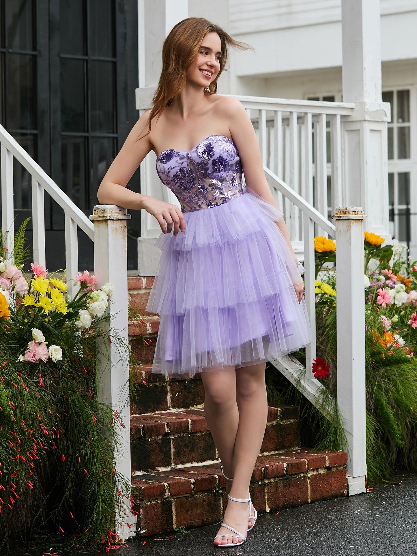 Sequins Appliqued Mesh Corset Tiered Short Dress Lilac