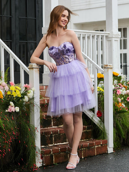 Sequins Appliqued Mesh Corset Tiered Short Dress Lilac