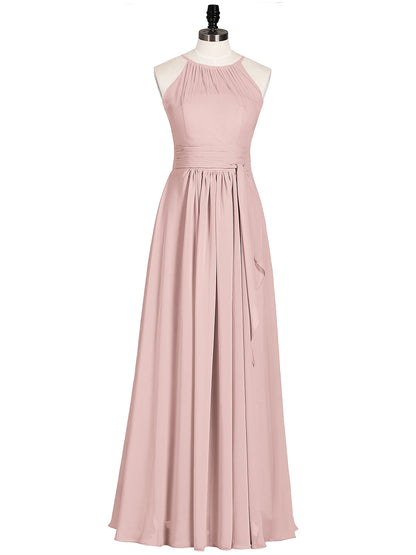 Halter Chiffon Bridesmaid Dresses with Bow Sash-Dusty Rose