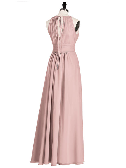 Halter Chiffon Bridesmaid Dresses with Bow Sash-Dusty Rose