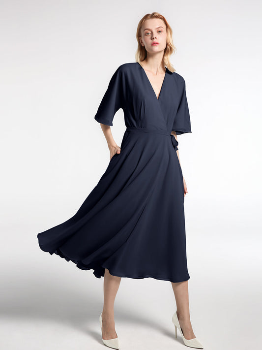 V-neck Half Sleeves Tea Length Chiffon Dress-Dark Navy