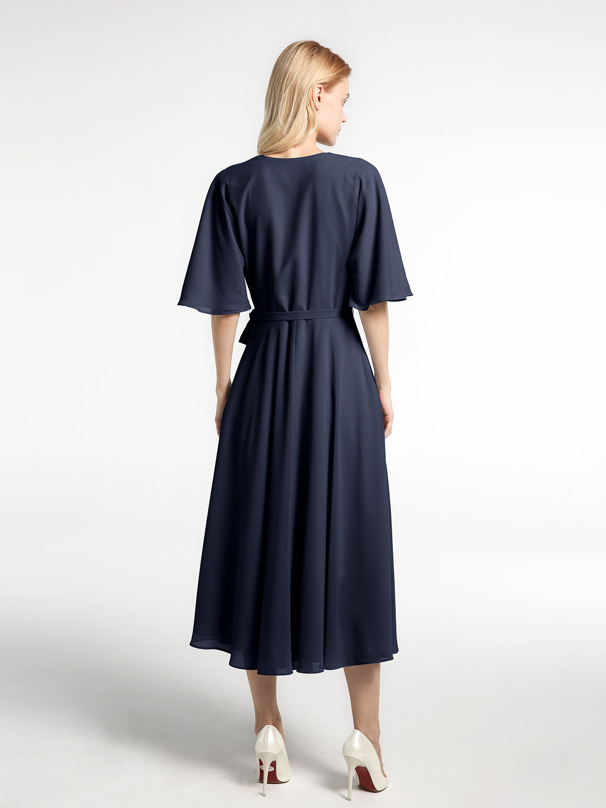 V-neck Half Sleeves Tea Length Chiffon Dress-Dark Navy