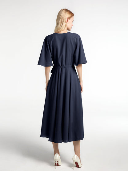 V-neck Half Sleeves Tea Length Chiffon Dress-Dark Navy