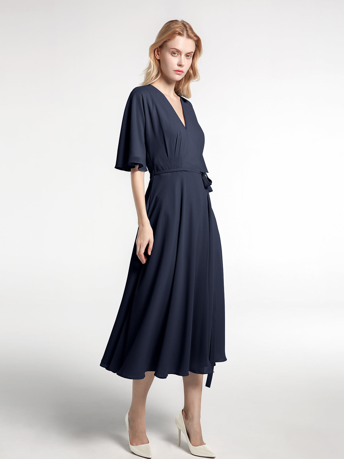 V-neck Half Sleeves Tea Length Chiffon Dress-Dark Navy