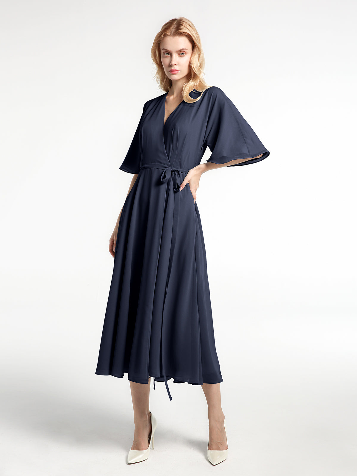 V-neck Half Sleeves Tea Length Chiffon Dress-Dark Navy