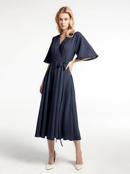 V-neck Half Sleeves Tea Length Chiffon Dress-Dark Navy