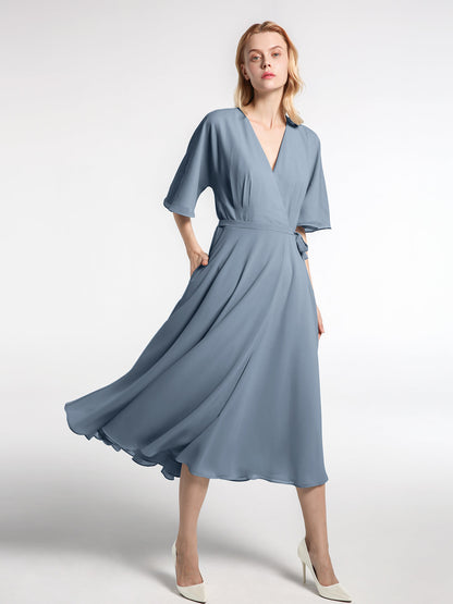 V-neck Half Sleeves Tea Length Chiffon Dress-Dusty Blue