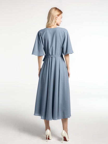 V-neck Half Sleeves Tea Length Chiffon Dress-Dusty Blue