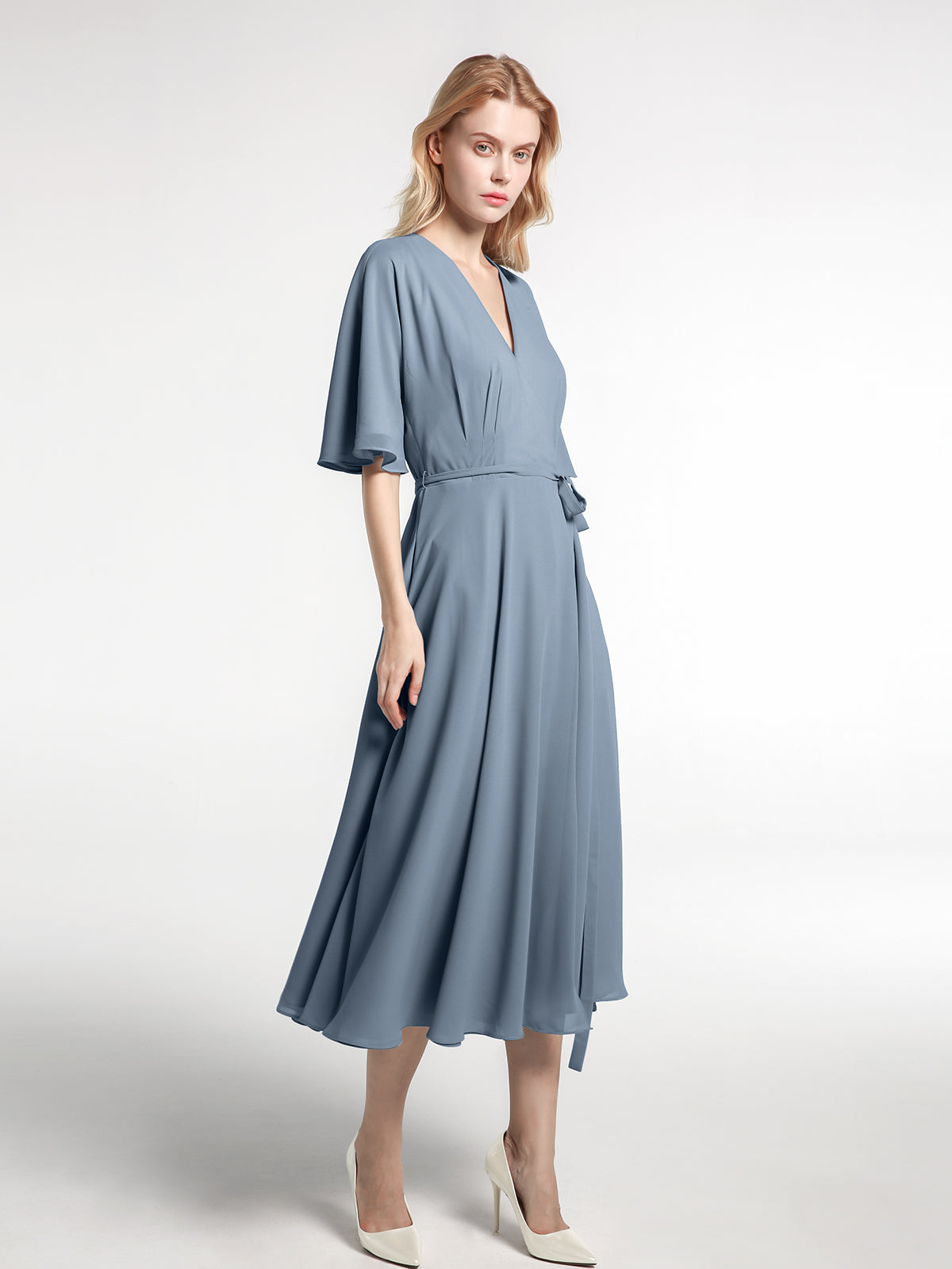 V-neck Half Sleeves Tea Length Chiffon Dress-Dusty Blue