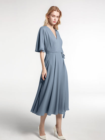 V-neck Half Sleeves Tea Length Chiffon Dress-Dusty Blue