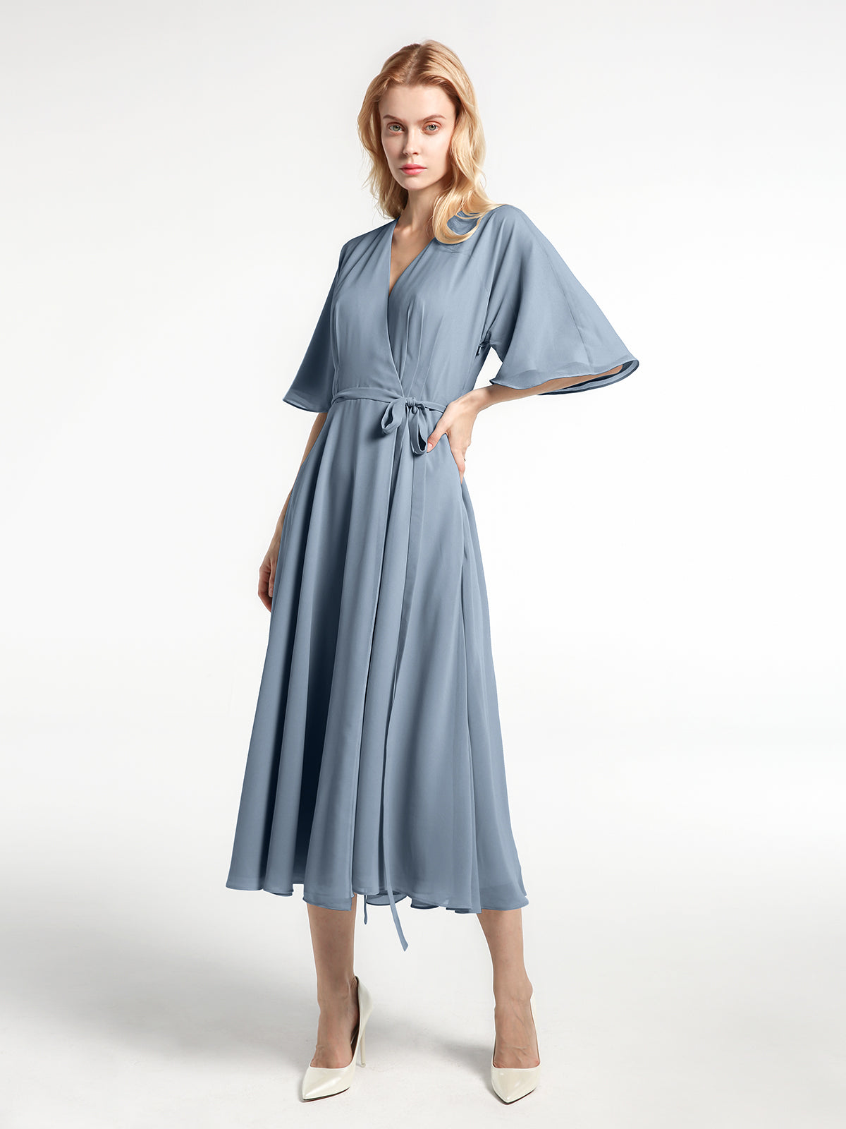 V-neck Half Sleeves Tea Length Chiffon Dress-Dusty Blue