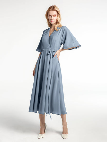 V-neck Half Sleeves Tea Length Chiffon Dress-Dusty Blue