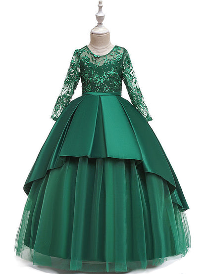 A-Line 3/4 Length Sleeve Jewel Neck Cotton Lace Ball Gown Flower Girl Dresses With Lace Sash Ribbon Pleats