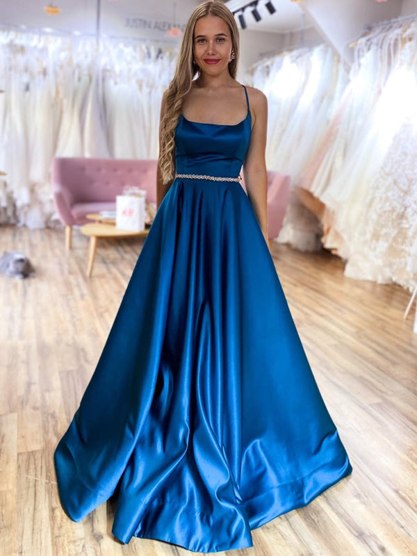 A Line Backless Blue Satin Long Prom Dresses with Belt Sleeveless Evening Dresses