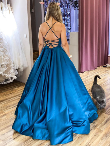 A Line Backless Blue Satin Long Prom Dresses with Belt Sleeveless Evening Dresses
