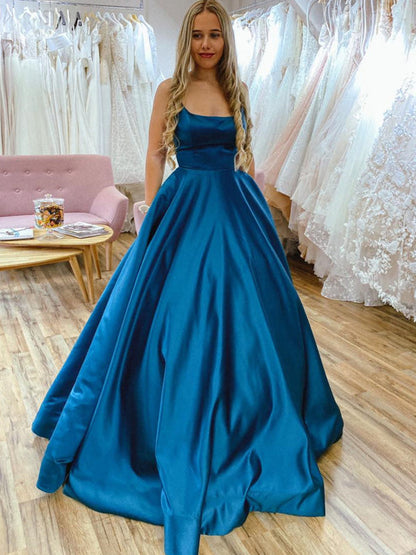 A Line Backless Blue Satin Long Prom Dresses with Belt Sleeveless Evening Dresses