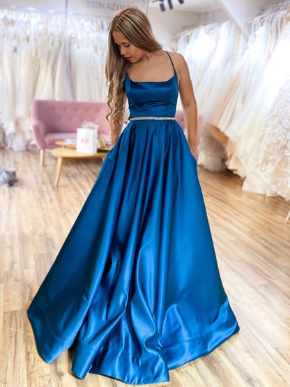 A Line Backless Blue Satin Long Prom Dresses with Belt Sleeveless Evening Dresses