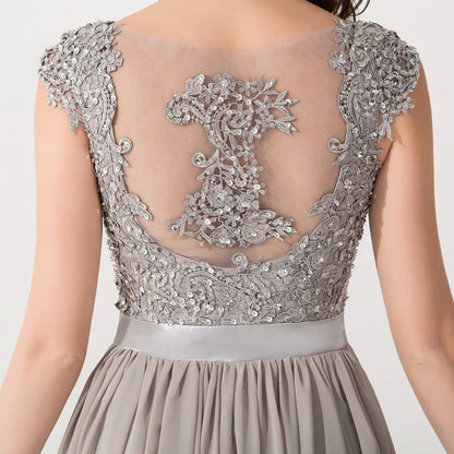 A-line Chiffon Formal Dress Silver Lace Appliques Evening Dress